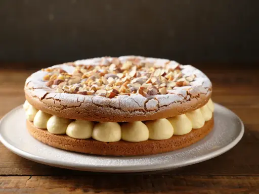 Gâteau dacquoise aux amandes, garni de crème onctueuse et saupoudré de sucre glace. Une délicieuse recette à essayer !