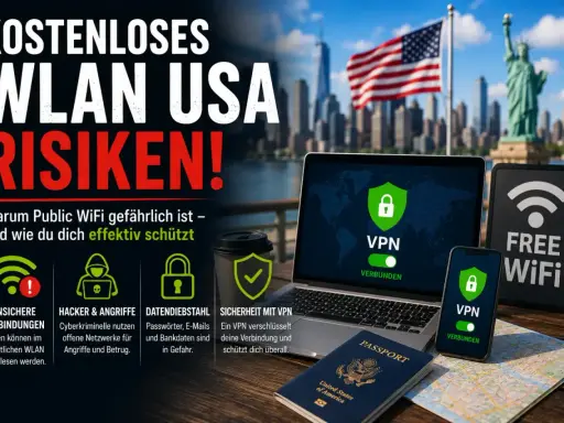 Kostenloses WLAN in den USA birgt Risiken wie einen "evil twin attack". Laptop, Handy, Pass und Karte zeigen VPN-Schutz vor Hackern.