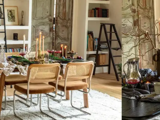 Ambiance chaleureuse pour aménager salle à manger : chaises cannées, table dressée avec bougies, fruits et feuillage.