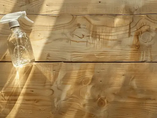 Bouteille de spray transparente avec un liquide et des bulles, posée sur des planches de bois clair. Idéal pour blanchir du bois.
