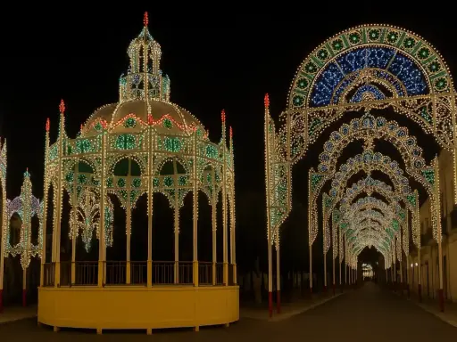 Un gazebo e archi luminosi creano un'atmosfera magica per una festa a diso.