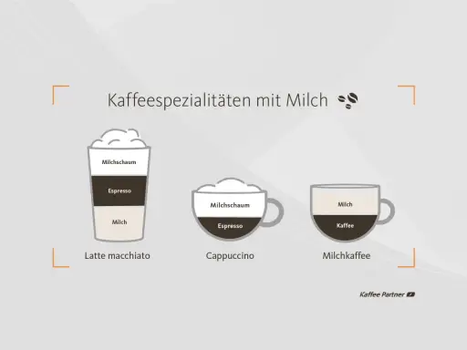 Latte macchiato mit viel Milch, Cappuccino und Milchkaffee werden gezeigt. Der Milchanteil ist bei allen unterschiedlich.