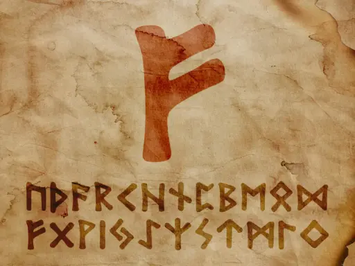 Runa Fehu, jak zrobić, na starym pergaminie. Widoczne runy F, U, TH, A, R, K, N, H, I, J, P, Z, S, T, B, E, M, L, NG, D, O.