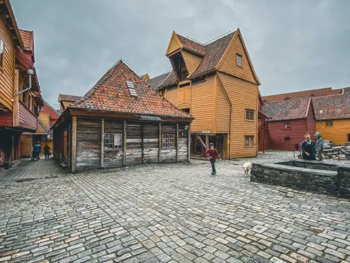 Bruggen w Bergen, Norwegia, z brukowanym placem i kolorowymi drewnianymi budynkami. Spacer z psem po urokliwych uliczkach.