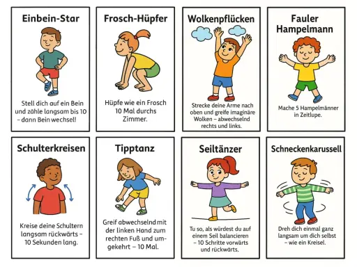 Bewegungsspiele Grundschule: Kinder üben Einbein-Star, Frosch-Hüpfer, Wolkenpflücken, Fauler Hampelmann, Schulterkreisen, Tipptanz, Seiltänzer und Schneckenkarussell.