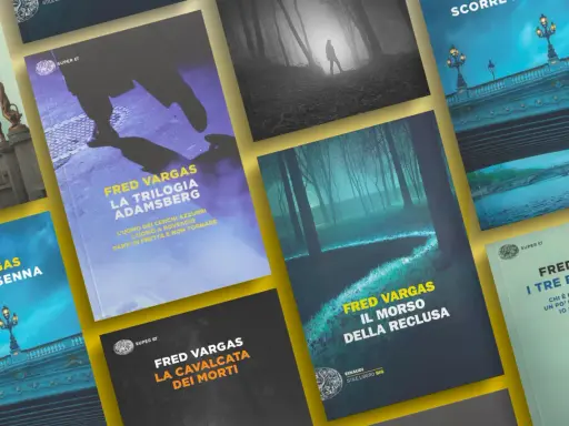 Copertine di libri di Fred Vargas, tra cui "La trilogia Adamsberg" e "Il morso della reclusa", che evocano mistero e suspense.