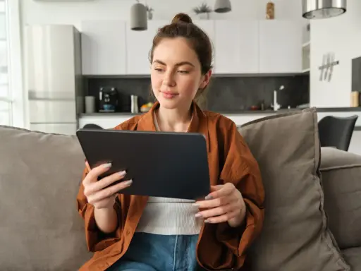 Kobieta na kanapie przegląda tablet, być może szukając informacji o kursach fakultatywnych.