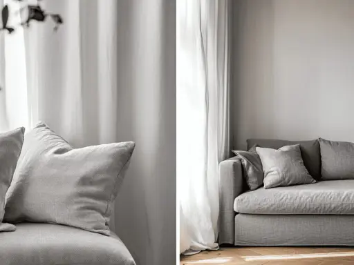 En grå, nopprig soffa med mjuka kuddar framför ett ljust draperi. En inbjudande sittplats för avkoppling.