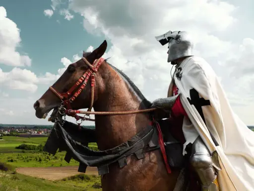 Ein Ritter in voller Rüstung reitet auf einem braunen Pferd. Die Szene erinnert an Geschichten für ritter kinder.