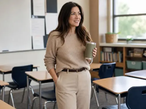 A woman in a tan sweater and slacks, holding a green tumbler, embodies how to dress like a teacher with a polished yet comfortable classroom look.
