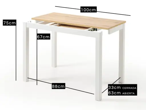 Mesa extensible blanca con tapa de madera. Muestra cómo abrirla, con medidas de alto (75cm), ancho cerrado (67cm) y abierto (100cm).