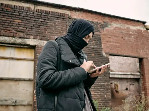 Osoba w czarnej chuście i kurtce trzyma telefon na tle zrujnowanej ceglanej ściany.