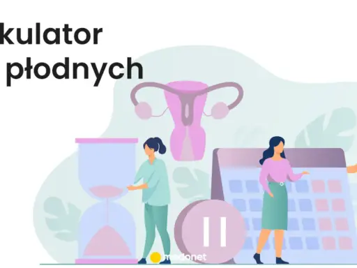 Kalkulator dni płodnych: cykl miesiączkowy, kalendarz, klepsydra i symbol pauzy.