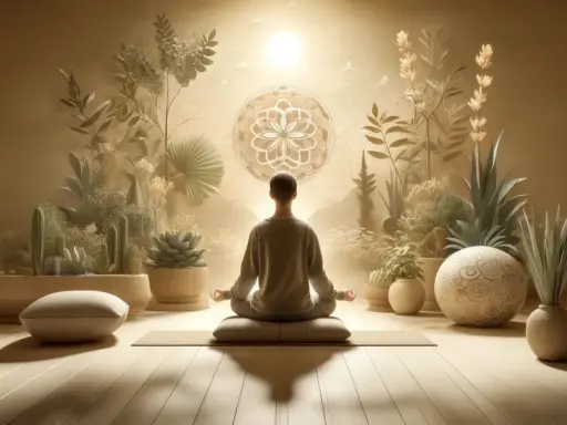 En person mediterar i lotusställning, omgiven av växter och en mandala. En bild som påminner om buddhismens ursprung och dess lugnande kraft.