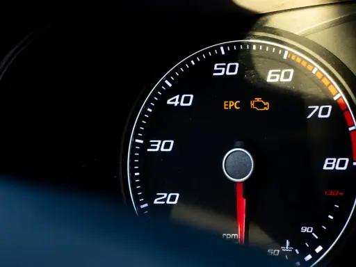 Luz de advertencia EPC encendida en el tablero del coche, indicando un problema.