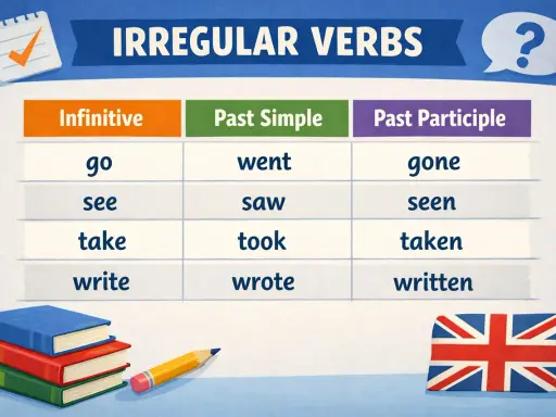 Tabela czasowników nieregularnych: infinitive, past simple, past participle. Czasownik "take" ma formy: take, took, taken.