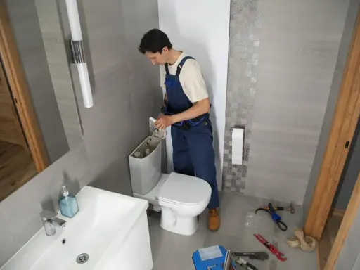 Instalator montuje WC kompakt z odpływem pionowym. W łazience widać umywalkę, lustro i narzędzia.