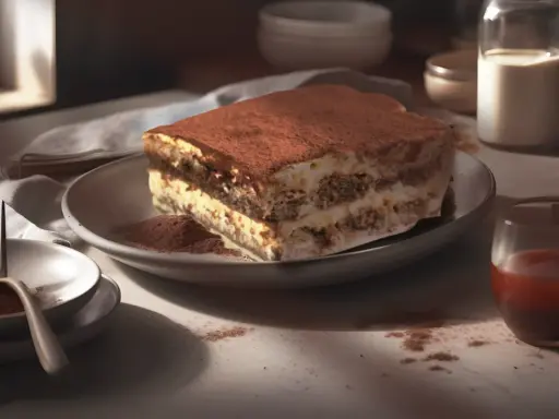 Un délicieux tiramisu, saupoudré de cacao, attend sur une assiette. Un verre de café et une carafe de lait complètent ce tableau gourmand.