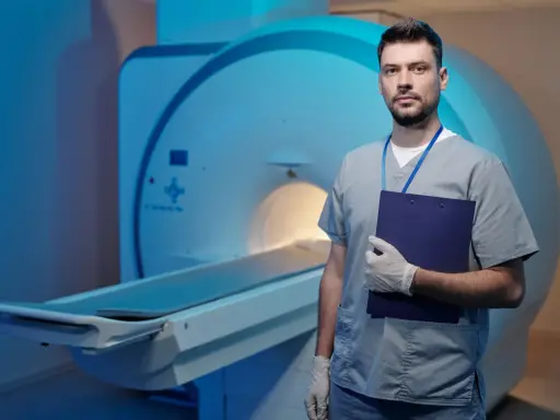 Lekarz w rękawiczkach z teczką stoi obok aparatu MRI. Dyskutuje o powikłaniach po rezonansie magnetycznym bez kontrastu.