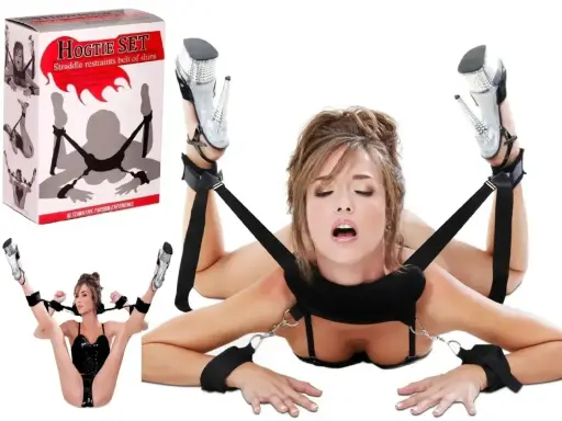 Zestaw do BDSM "Hogtie Set" z pasami i kajdankami, zapewniający "alternatywne doznania".