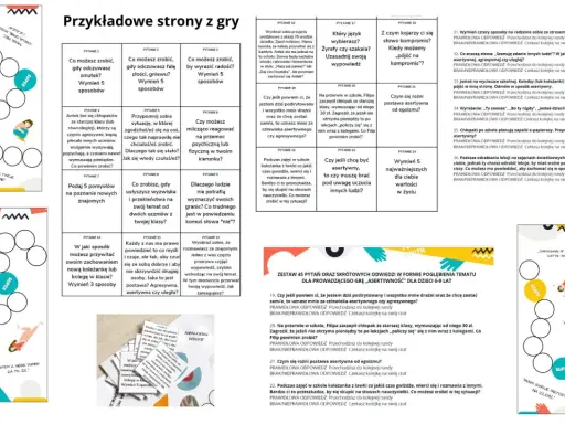 Gra w skojarzenia: plansza z pytaniami o asertywności, emocjach i relacjach.