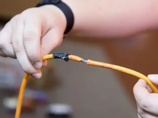 Ręce trzymające pomarańczowy kabel, który jest uszkodzony. Pokazuje, jak połączyć kable bez lutowania, używając taśmy izolacyjnej.