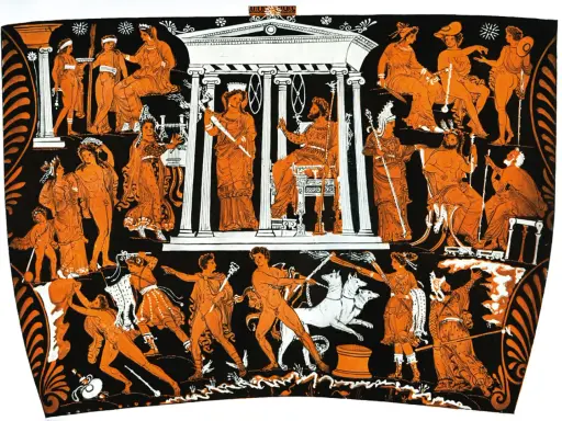 Starożytny grecki malunek przedstawia scenę z mitologii, gdzie bohaterowie walczą z potworami. To jakby piekło na ziemi, pełne akcji i dramatyzmu.