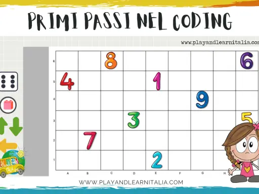 Gioco per imparare il coding online gratis: una griglia con numeri e icone per muoversi.