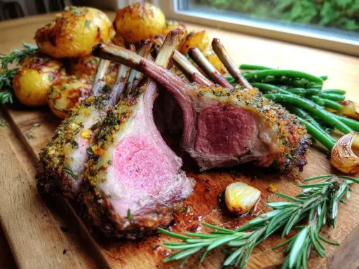 Saftig lammracks med örtpanering, serverad med rostade potatisar, gröna bönor och vitlök. Ett perfekt lammracks recept för helgen!