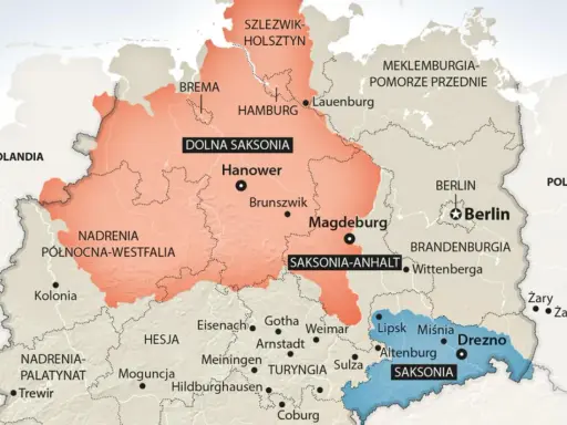 Mapa Niemiec z zaznaczonymi regionami. Sasi byli ludem germańskim, którego ziemie znajdowały się na terenie dzisiejszej Saksonii.