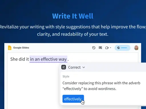 Un language tool suggerisce di sostituire "in an effective way" con "effectively" per rendere il testo più conciso.