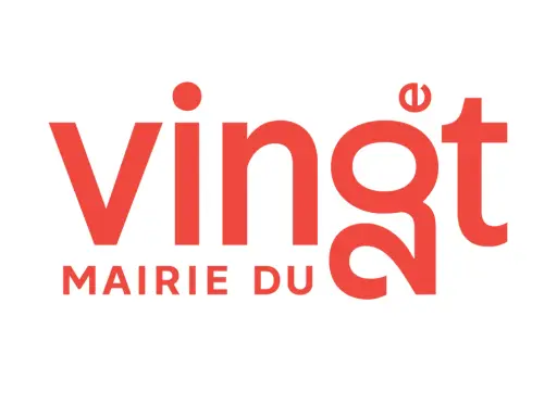 Logo rouge "vingt" avec "MAIRIE DU" en dessous. Le chiffre 20 est stylisé dans le mot "vingt".