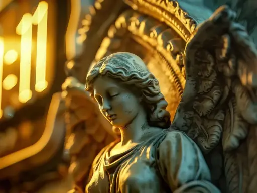 Kamienna rzeźba anioła w blasku światła. Liczba 11:11, symbolizująca 1555 znaczenie, pojawia się jako świetlisty znak.