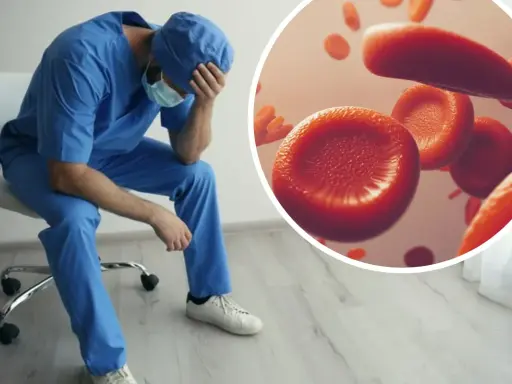 Zmęczony lekarz od krwi siedzi na krześle, opierając głowę na dłoni. Obok widok czerwonych krwinek.