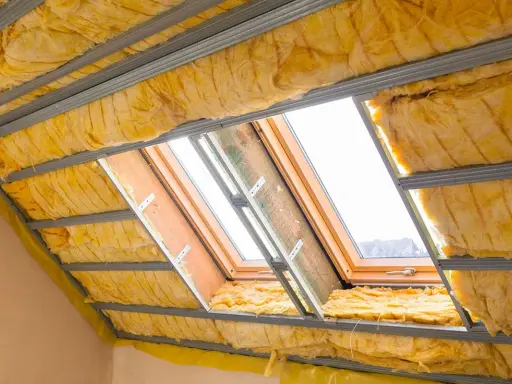 Travaux d'isolation toiture en cours. Laine de verre jaune installée entre les chevrons métalliques, autour de fenêtres de toit.