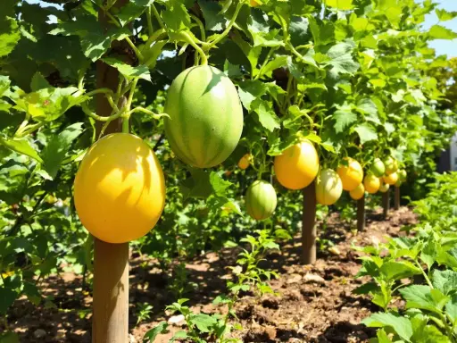 Un jeune plant de melon prometteur, avec des fruits jaunes et verts suspendus à des tuteurs.