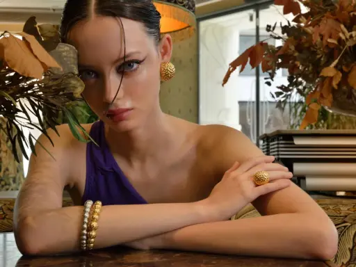 Modella con gioielli in oro e argento rosa, un bracciale, un anello e orecchini che sembrano quasi rovinarsi sotto la luce.