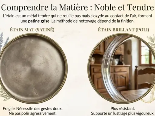 Deux finitions d'étain : mat (satiné) et brillant (poli), avec des éléments décoratifs.