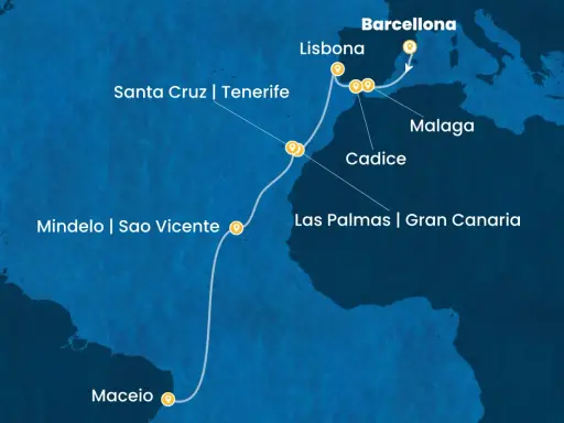 Mappa di una crociera Costa che parte da Maceio, passa per le Canarie e Capo Verde, risale fino a Lisbona e poi attracca a Barcellona.