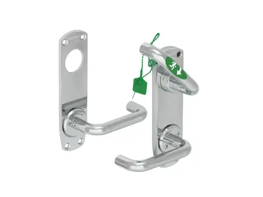 Chrome door handles, one with an emergency exit sign and green tag.