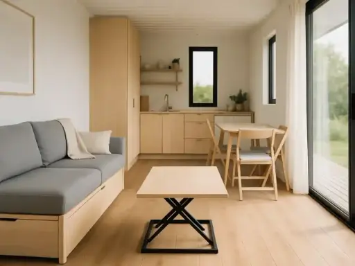 L'intérieur d'une maison container moderne avec un canapé gris, une cuisine et une table à manger. La lumière naturelle inonde la pièce par une grande baie vitrée.