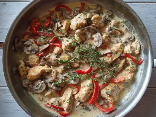 Kyckling i en krämig creme fraiche sås med champinjoner och paprika, toppad med färsk timjan.