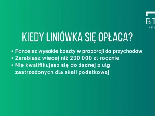 Kiedy podatek liniowy się opłaca? Gdy masz wysokie koszty, zarabiasz ponad 200 tys. zł rocznie i nie kwalifikujesz się do ulg podatkowych.