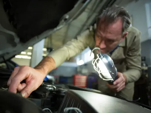 Mechanik sprawdza bezpieczniki w Grande Punto, używając lampy inspekcyjnej.