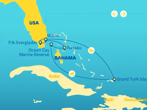 Mapa z trasą rejsu: USA (Miami, P.N. Everglades, Ocean Cay), Bahamy (Nassau), Kuba, Grand Turk Island.
