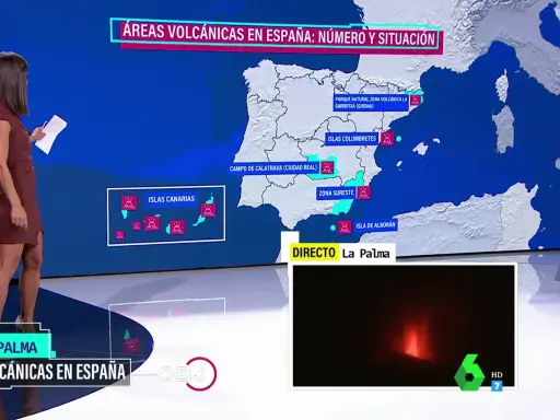 Mapa de volcanes en España, incluyendo Islas Canarias y La Palma. Muestra la situación de áreas volcánicas activas.