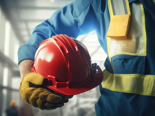 Obrero con casco rojo y guantes amarillos, listo para trabajar. Su chaleco de alta visibilidad es un material EPI esencial.