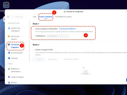 Interface pour installer un NAS : accès à distance activé, configuration UGREENlink ID.