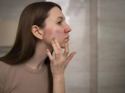 Donna applica crema su viso arrossato, cercando sollievo dalle piaghe della pelle.