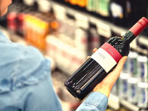 Kobieta wybiera wino, zastanawiając się, czy to jej osobisty wysokofunkcjonujący alkoholik test.